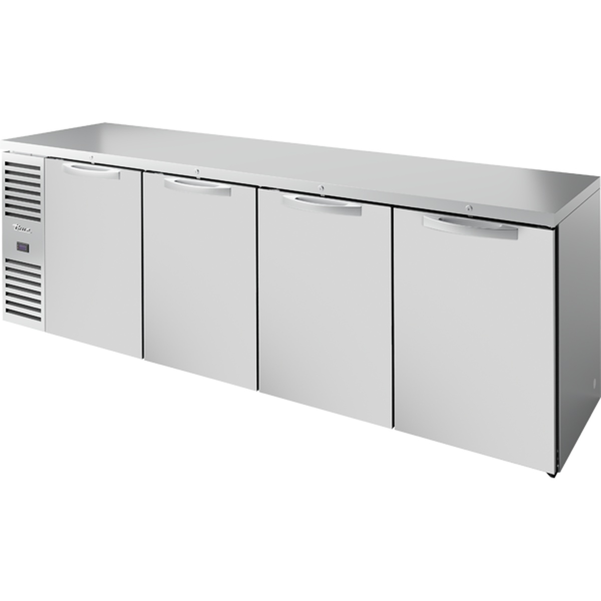 True TBR108-RISZ1-L-S-SSSS-1 108-inch stainless steel back bar cooler with four solid swing doors and left-side refrigeration system