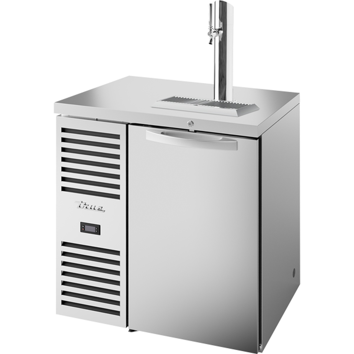 True Mfg TBR32-RISZ1-L-S-S-1 stainless steel 32-inch back bar cooler with single solid swing door and beer tap tower on countertop