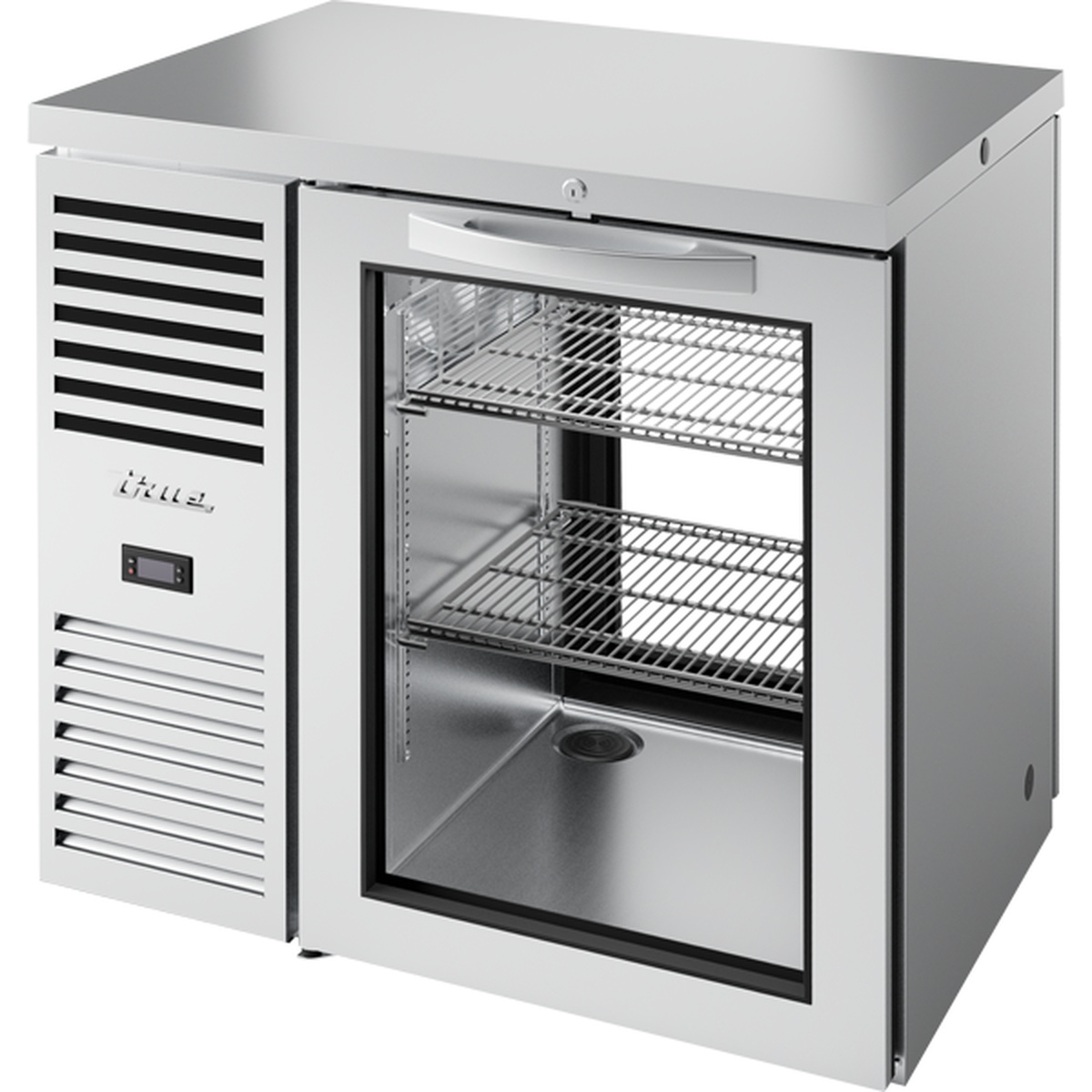 True TBR36-PTSZ1-L-B-G-G-1 36-inch pass-thru back bar refrigerator with open glass door revealing wire shelves and stainless steel interior