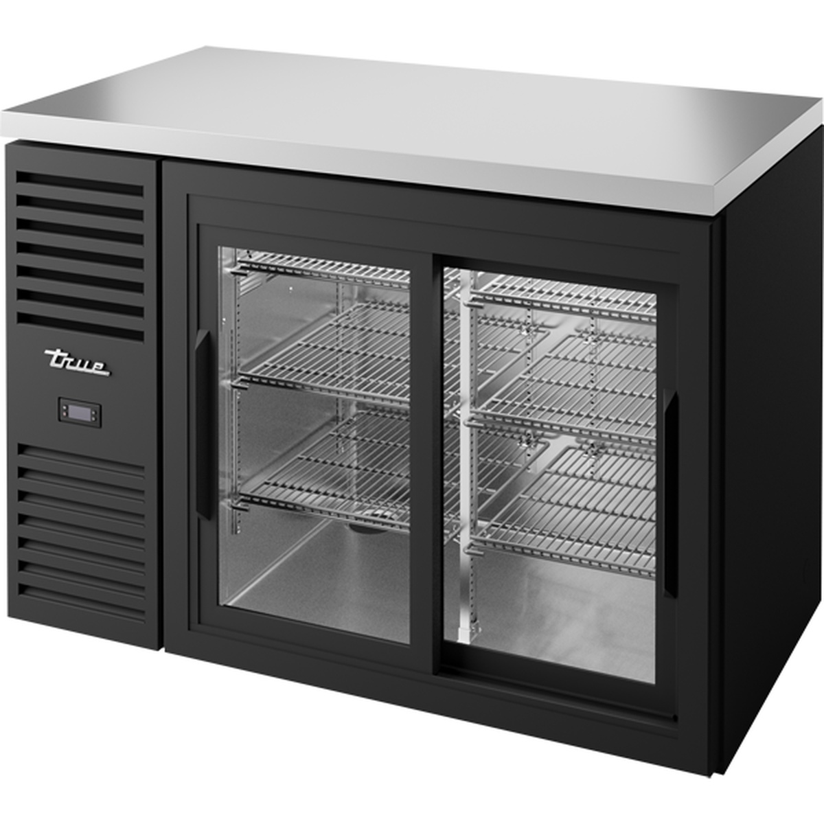 True TBR48-RISZ1-L-B-11-1 48-inch back bar cooler with black powder-coated exterior, stainless steel top, two sliding glass doors, and left-side refrigeration compartment