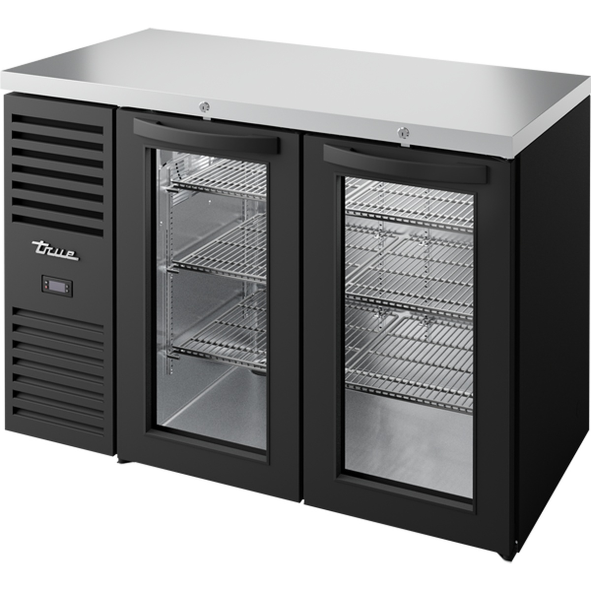 True TBR48-RISZ1-L-B-GG-1 48-inch black back bar refrigerator with two glass swing doors, stainless steel countertop, and wire shelving visible through glass