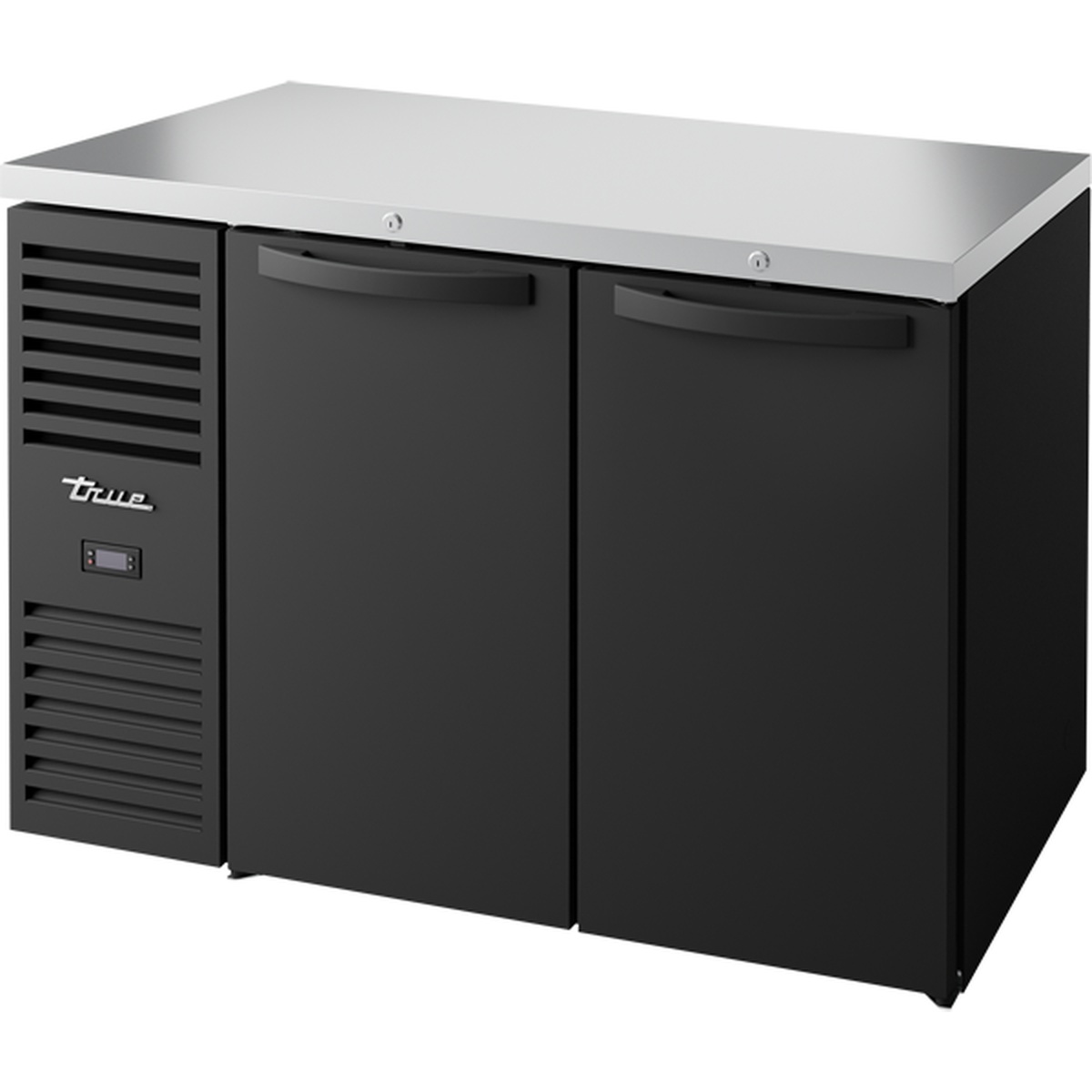 True TBR48-RISZ1-L-B-SS-1 48-inch two-door black back bar cooler with stainless steel countertop and left-side refrigeration system