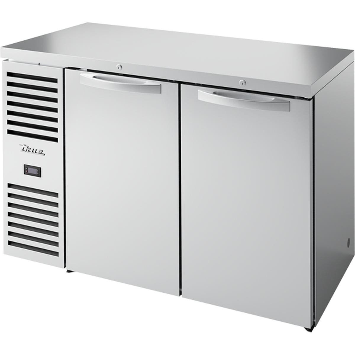 True TBR52-RISZ1-L-S-SS-1 52-inch stainless steel back bar refrigerator with two solid swing doors and left-side compressor panel