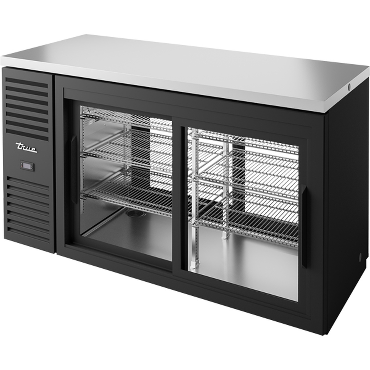 True TBR60-PTSZ1-L-B-11-11-1 60-inch black back bar cooler with sliding glass doors and stainless steel countertop