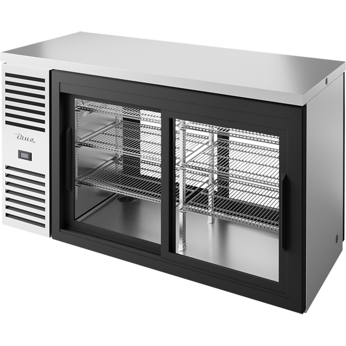 True TBR60-PTSZ1-L-S-11-11-1 60-inch stainless steel pass-thru back bar refrigerator with sliding glass doors and wire shelving, left-side compressor unit