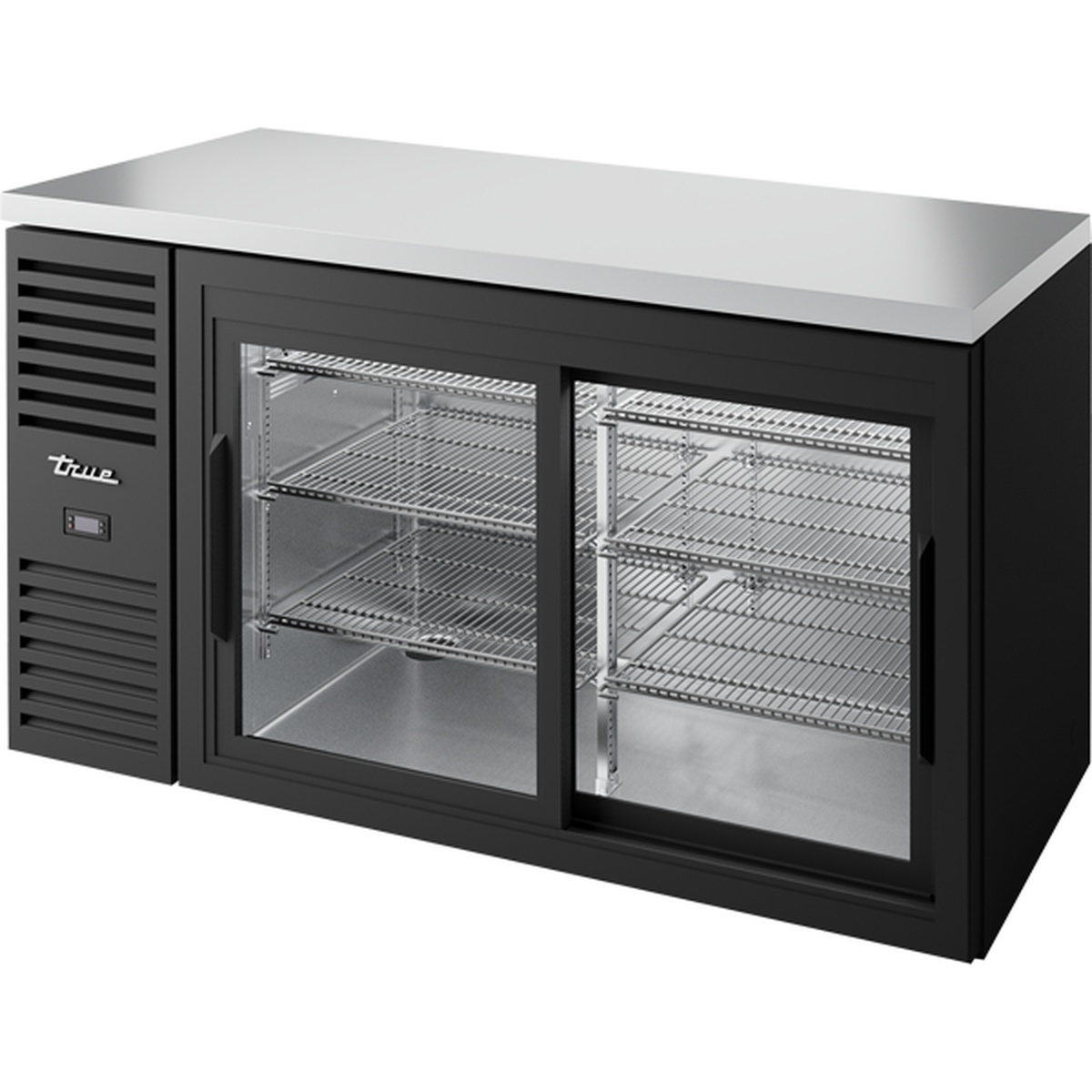 True TBR60-RISZ1-L-B-11-1 60-inch back bar cooler with black powder-coated exterior, stainless steel countertop, and two sliding glass doors revealing wire shelving inside
