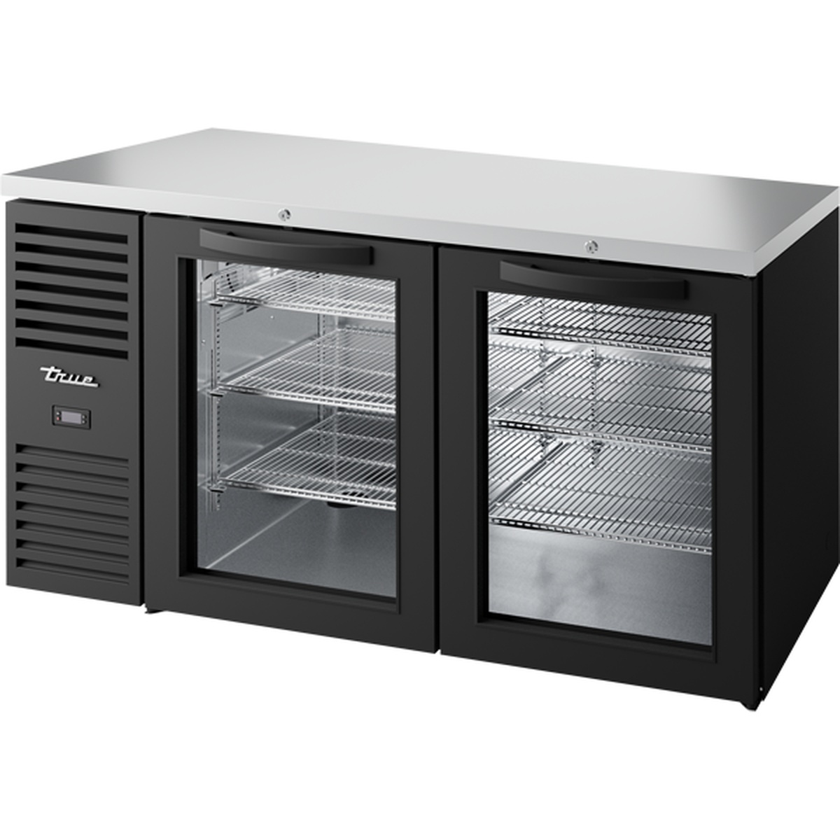 True TBR60-RISZ1-L-B-GG-1 60-inch back bar refrigerator with black powder-coated exterior, stainless steel countertop, two glass swing doors, and visible PVC-coated wire shelves