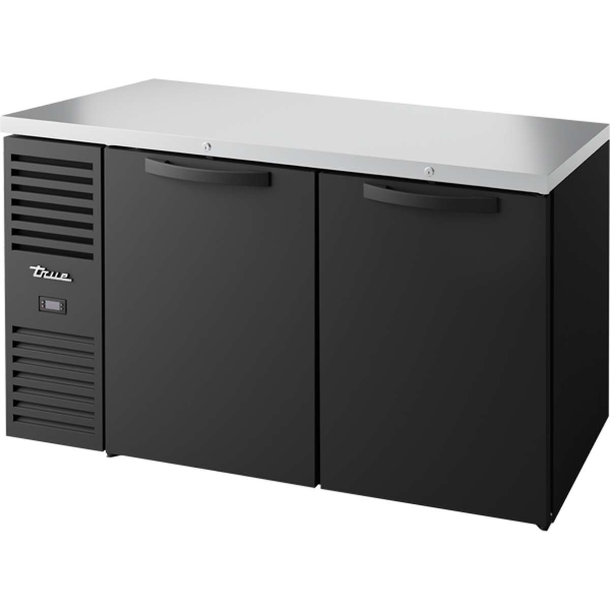 True TBR60-RISZ1-L-B-SS-1 60-inch black solid door back bar refrigerator with stainless steel countertop and left-side compressor