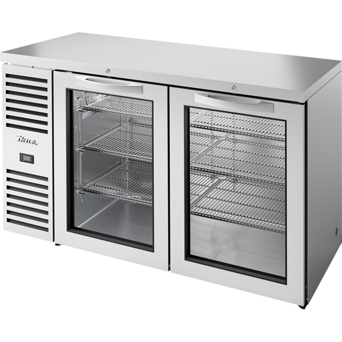 True TBR60-RISZ1-L-S-GG-1 60-inch stainless steel back bar refrigerator with two swing glass doors and wire shelving