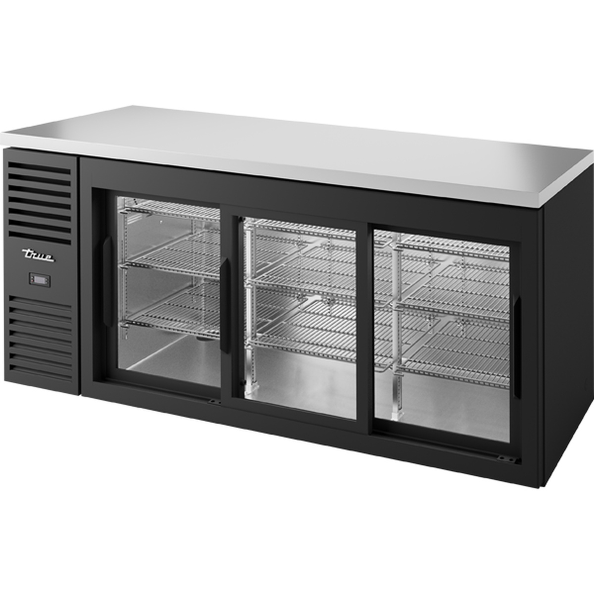 True TBR72-RISZ1-L-B-111-1 72-inch back bar refrigerator with three sliding glass doors, black powder-coated exterior, stainless steel countertop, and visible wire shelving