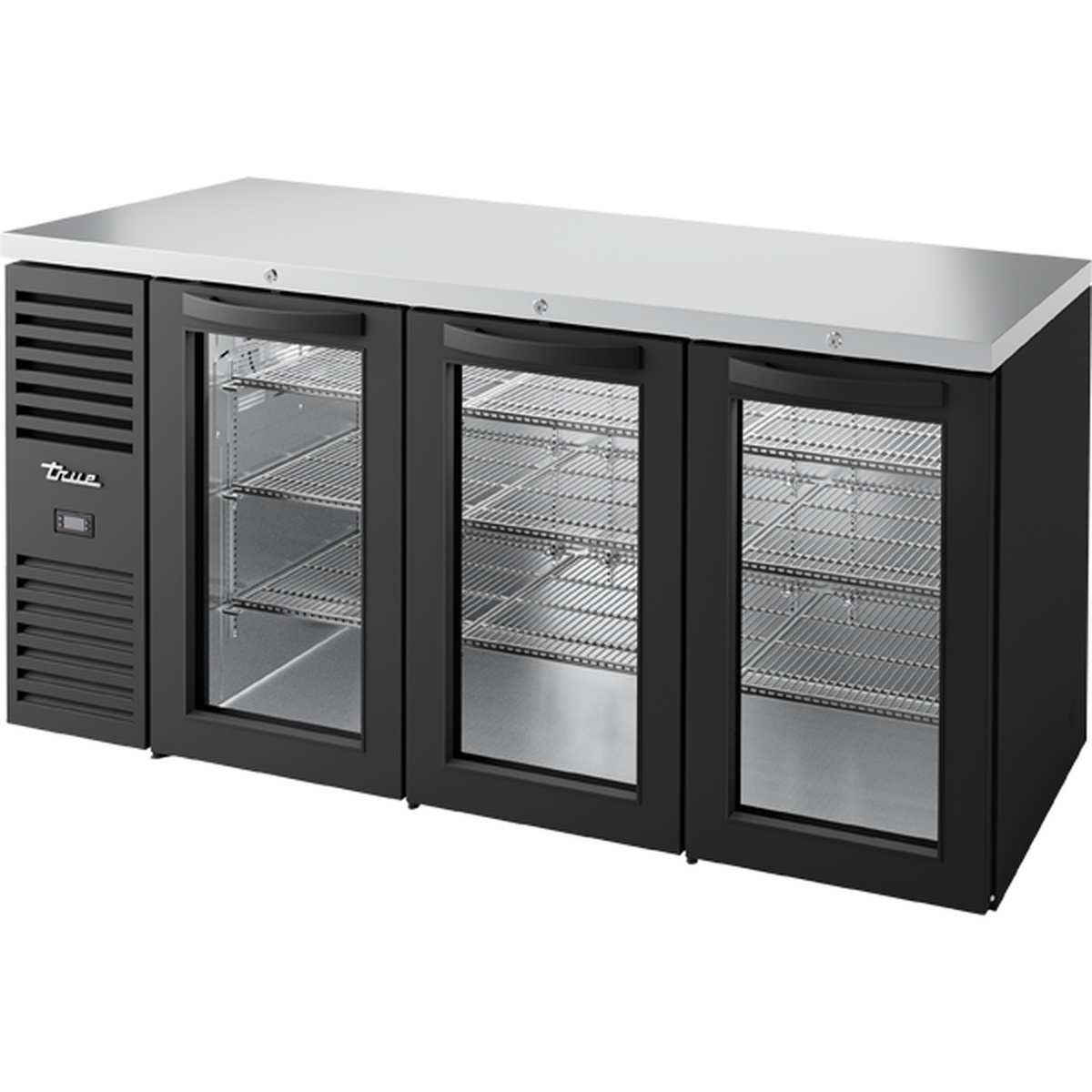 True TBR72-RISZ1-L-B-GGG-1 72-inch back bar refrigerator with three glass swing doors, black powder-coated exterior, stainless steel countertop, and left-side refrigeration system
