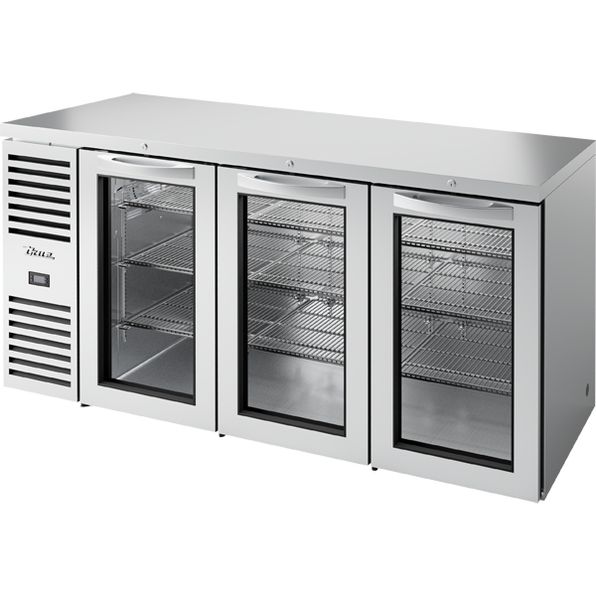 True TBR72-RISZ1-L-S-GGG-1 72-inch stainless steel back bar cooler with three swinging glass doors and wire shelves