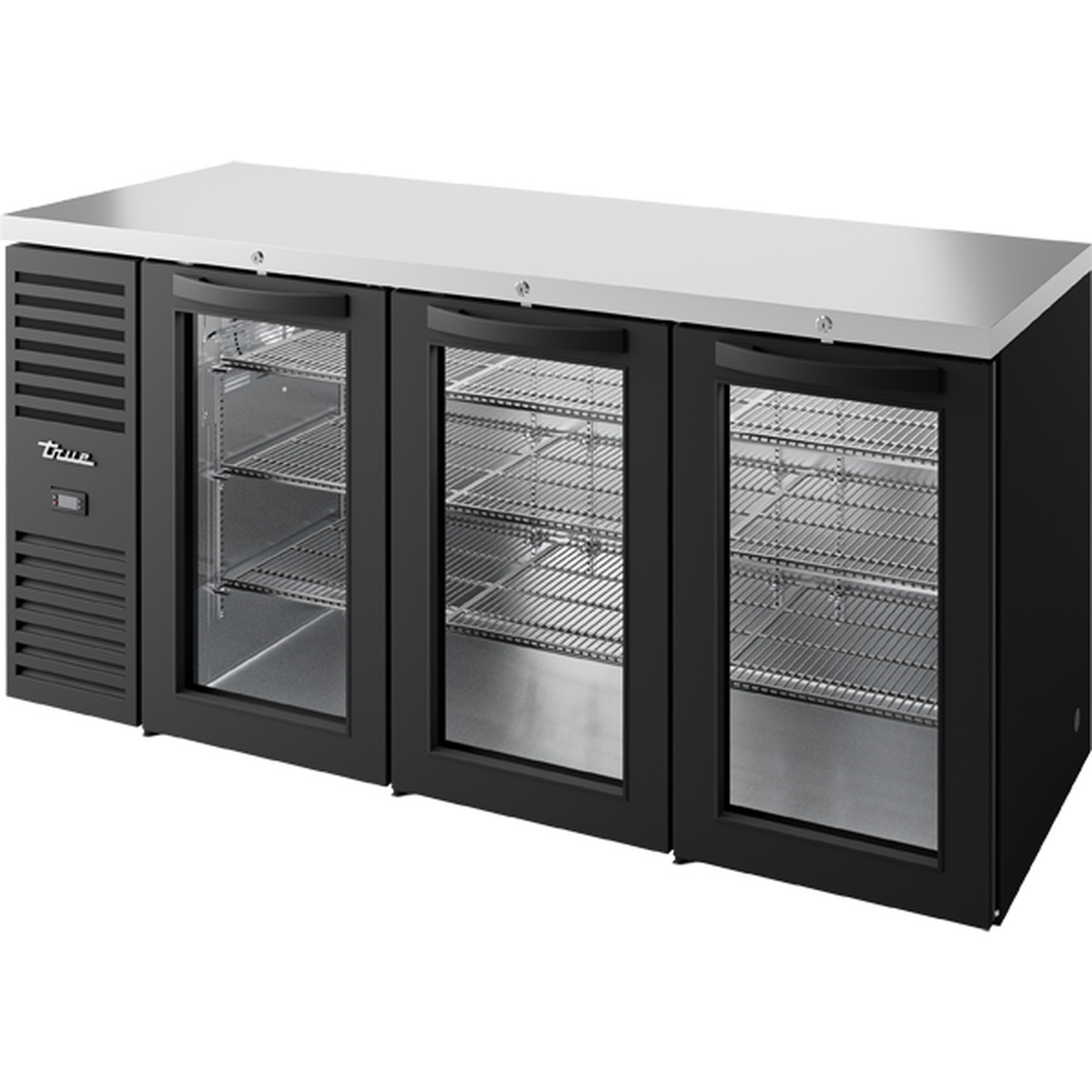 True TBR84-RISZ1-L-B-GGG-1 84-inch black back bar cooler with three glass swing doors, stainless steel top, and visible wire shelving