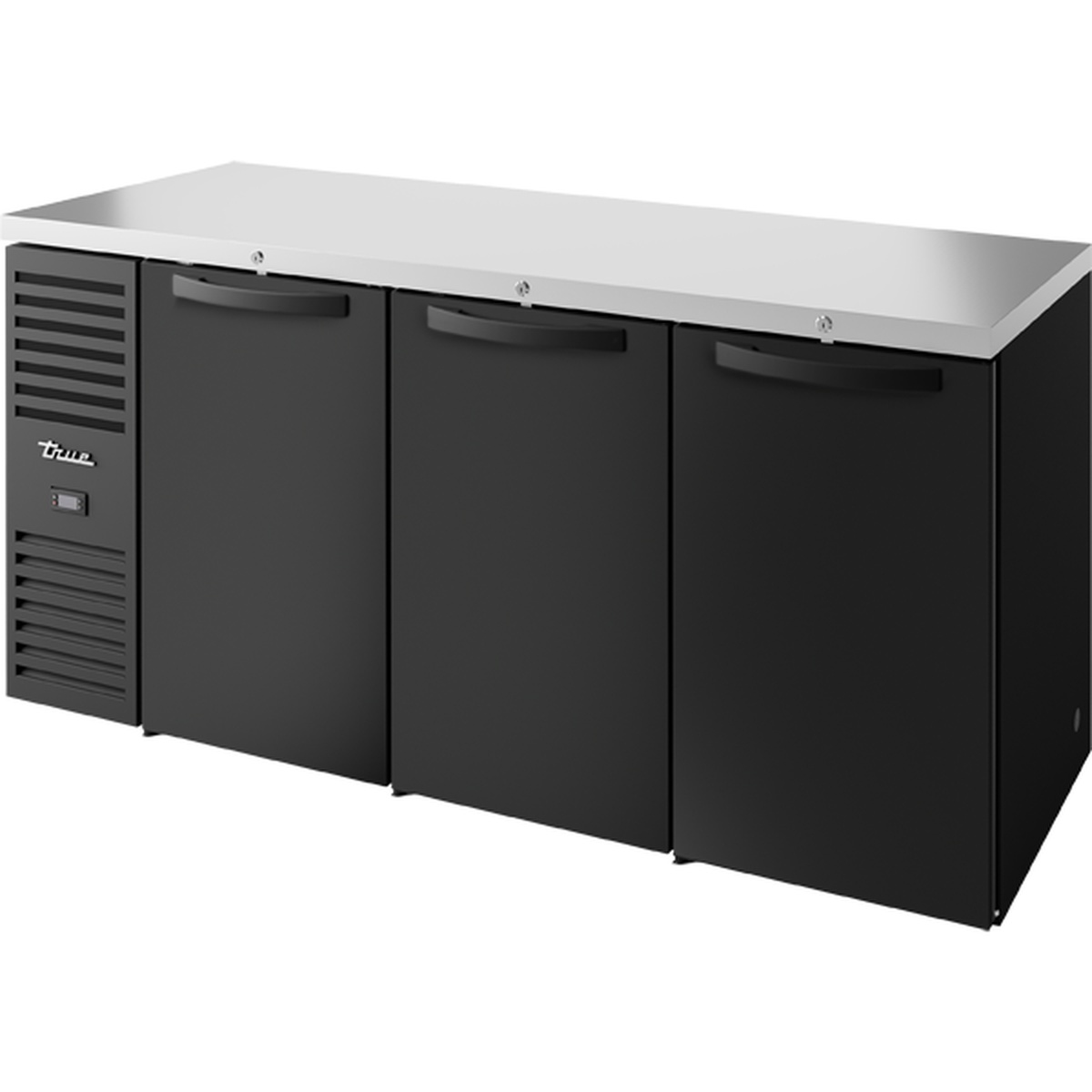 True TBR84-RISZ1-L-B-SSS-1 84-inch black back bar refrigerator with three solid swing doors and stainless steel countertop
