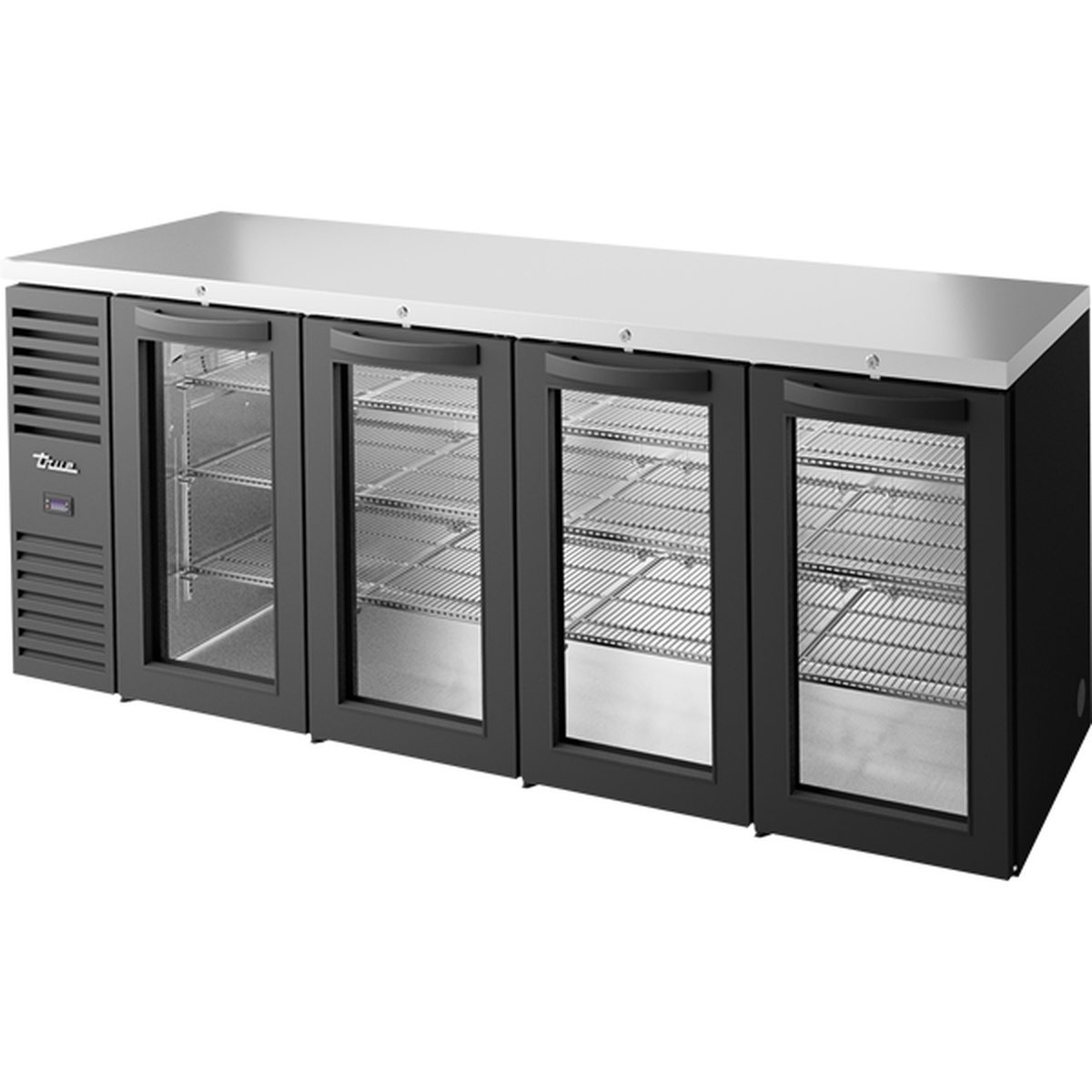 True TBR92-RISZ1-L-B-GGGG-1 92-inch black back bar refrigerator with four swinging glass doors and stainless steel countertop