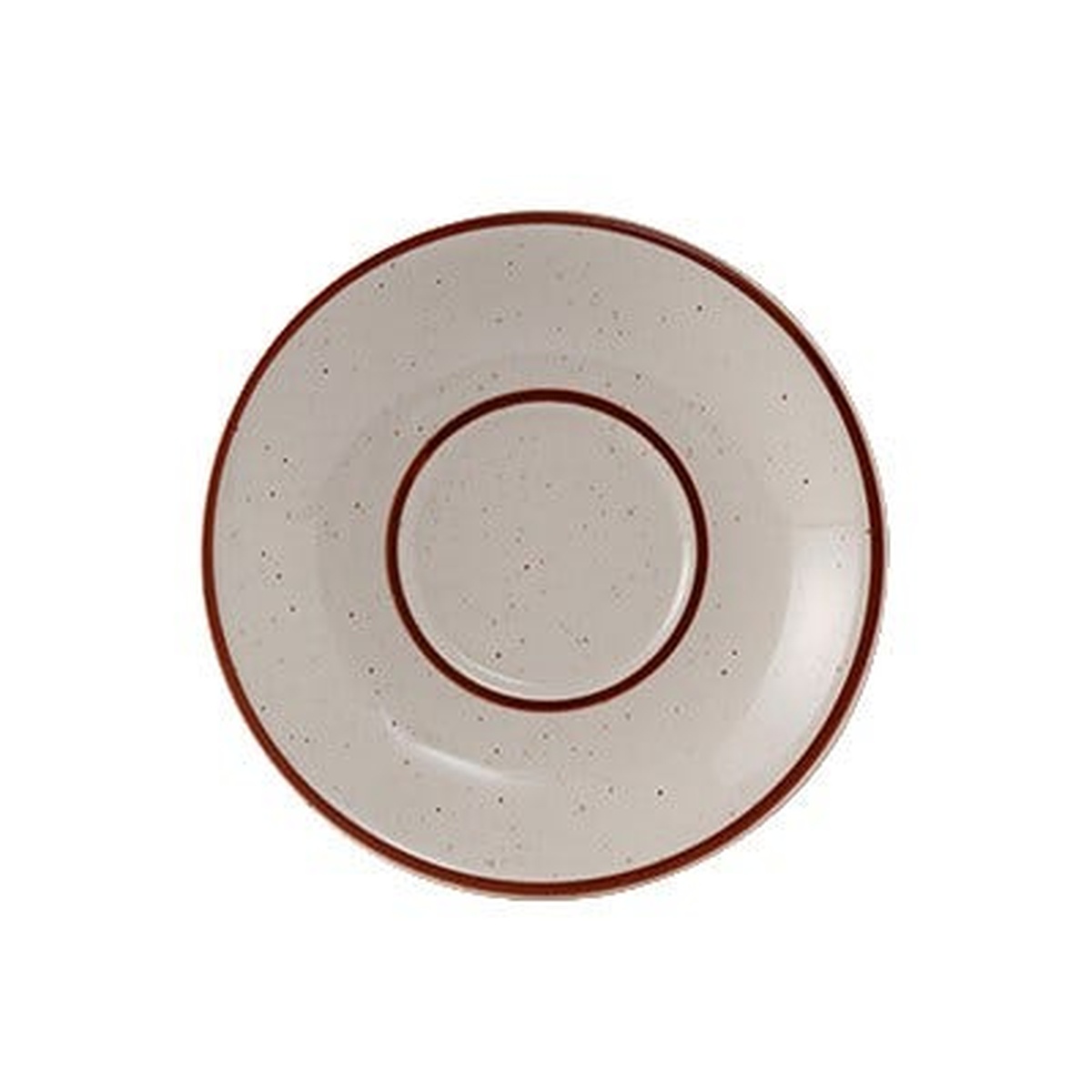 Tuxton TBS-002 Bahamas 6-inch brown speckle coupe china saucer, top view showing ivory eggshell body with brown speckled pattern and brown-rimmed coupe edge