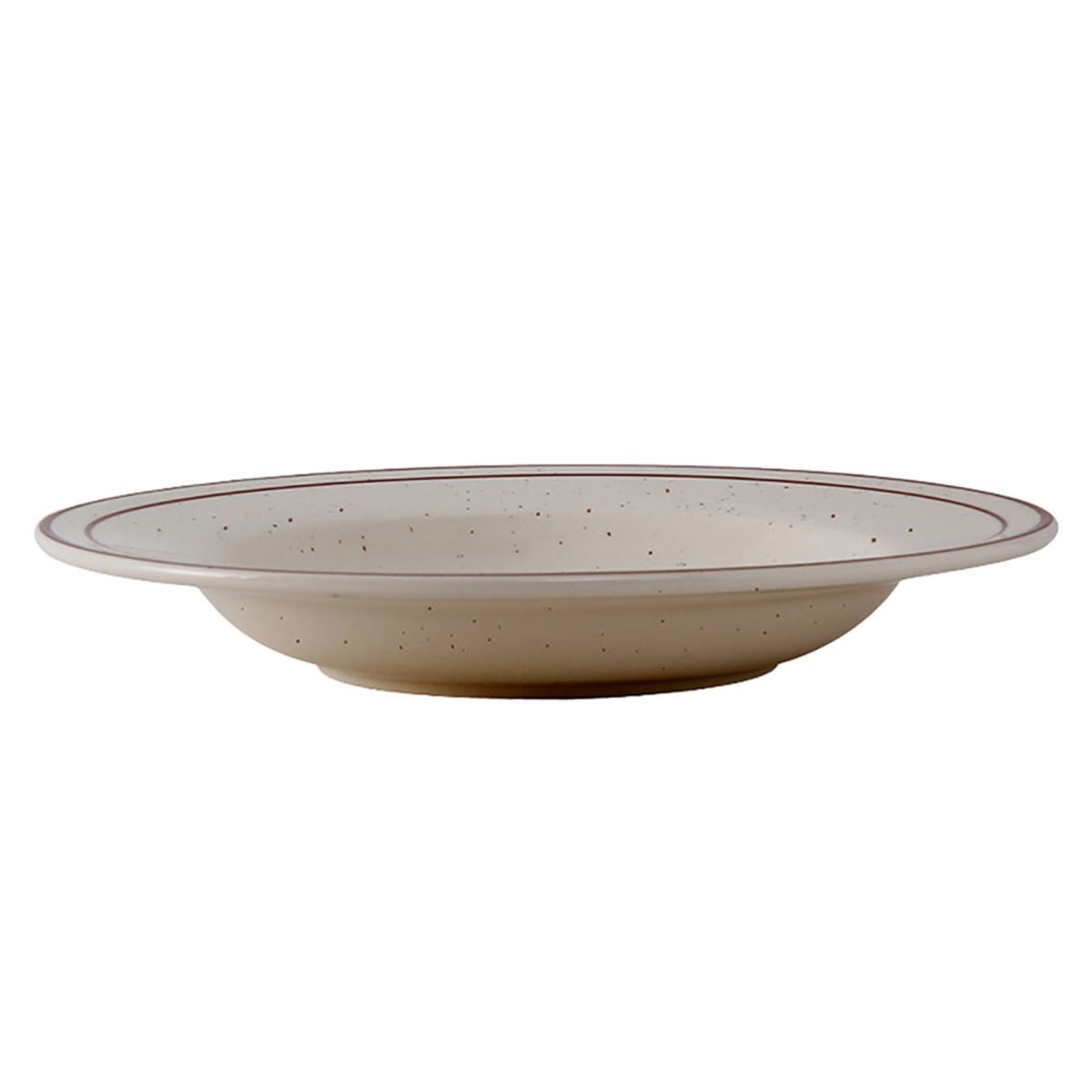 Tuxton TBS-003 Bahamas round rimmed soup bowl in American white with brown speckle and two brown bands
