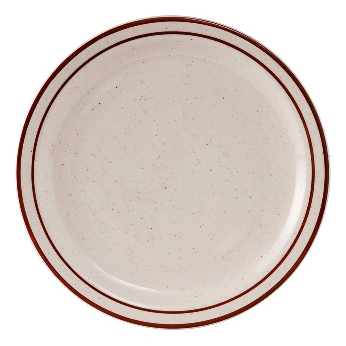Tuxton TBS-005 Bahamas 5-1/2 inch round narrow rim china plate with eggshell finish, brown speckle pattern, and brown banded rim