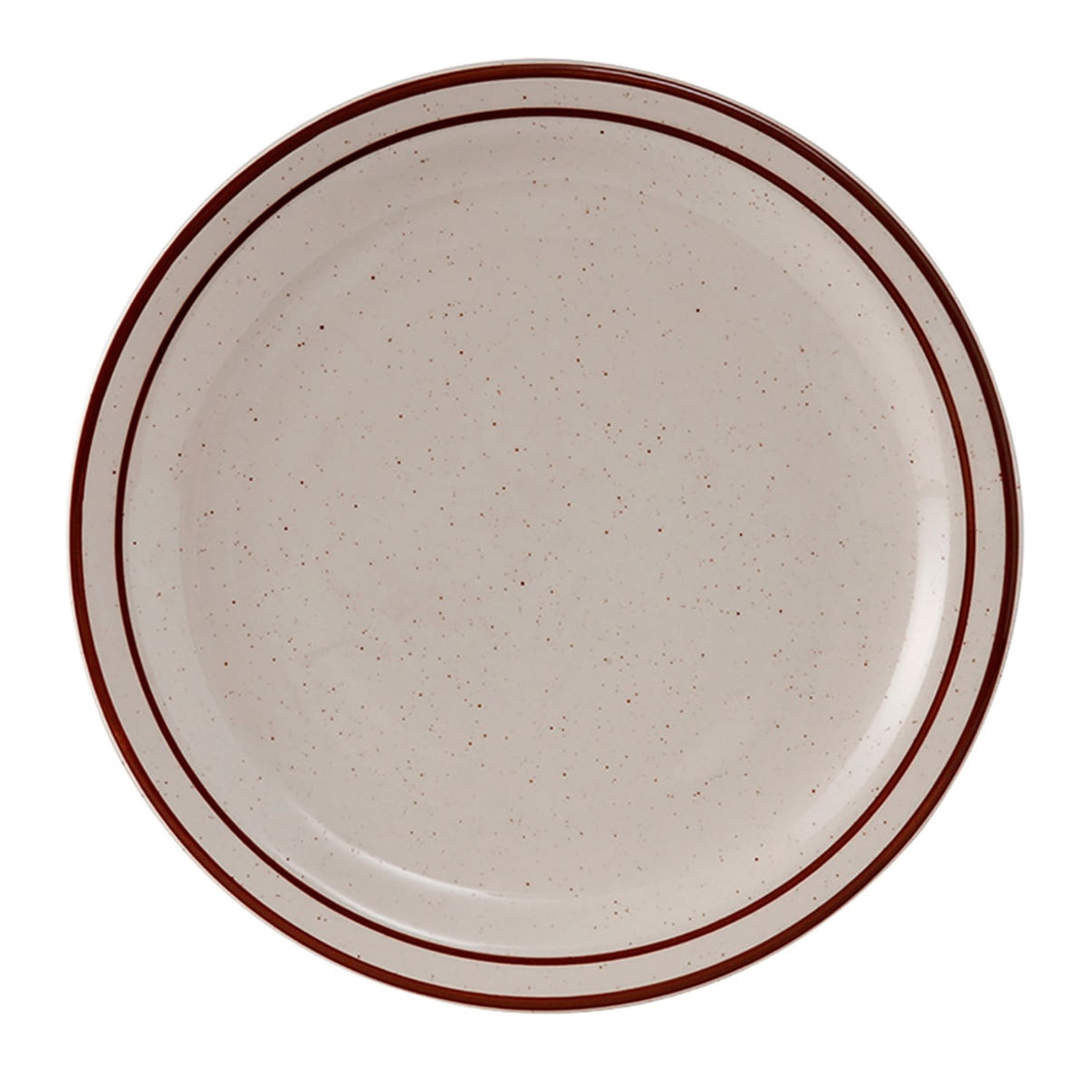 Tuxton TBS-006 Bahamas 6.5-inch round china plate with American White eggshell finish and brown speckle design with narrow brown rim