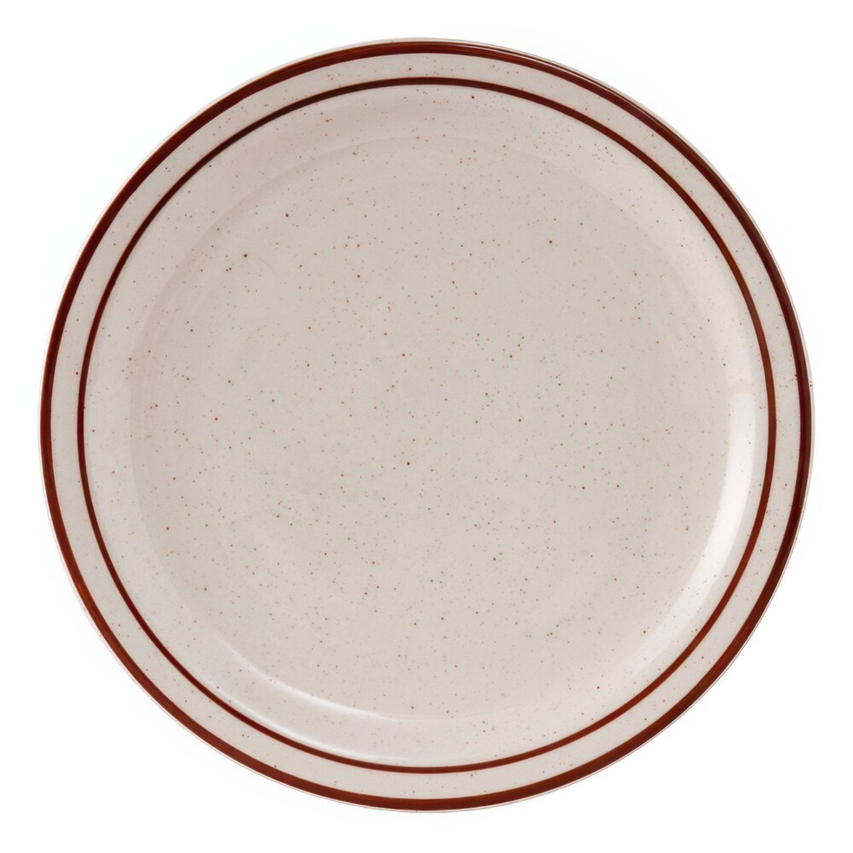 Tuxton TBS-009 Bahamas 9-1/2 inch round narrow rim china plate in eggshell white with brown speckle and brown band