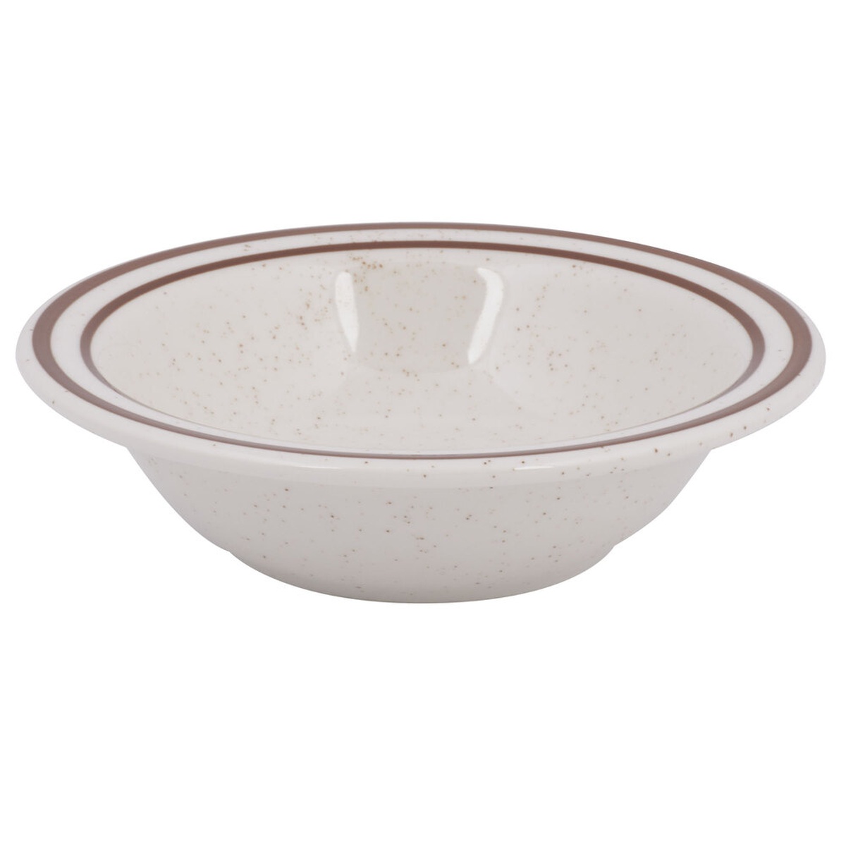 Tuxton TBS-010 Bahamas 11 oz. grapefruit bowl with ivory body, brown speckle finish, and brown banded rim