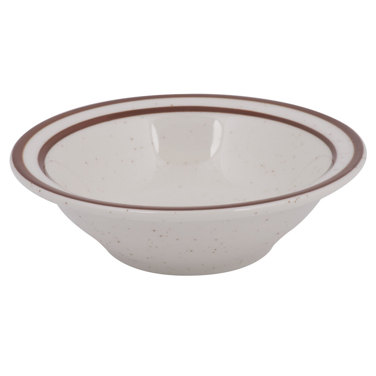 Tuxton TBS-011 Bahamas ivory china fruit bowl with brown speckle pattern and brown banded narrow rim