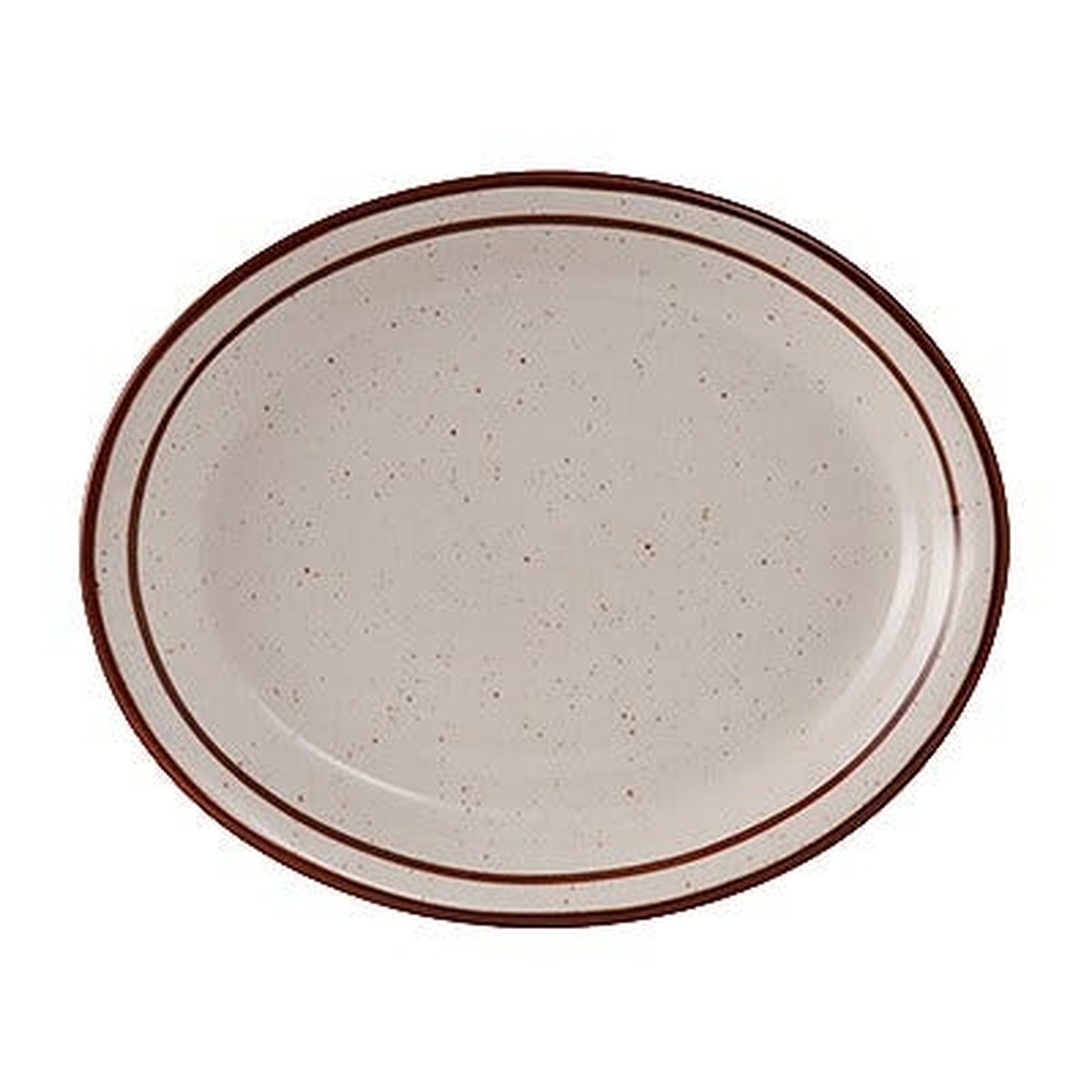 Tuxton TBS-012 oval china platter with ivory eggshell finish, brown speckle, and narrow brown rim