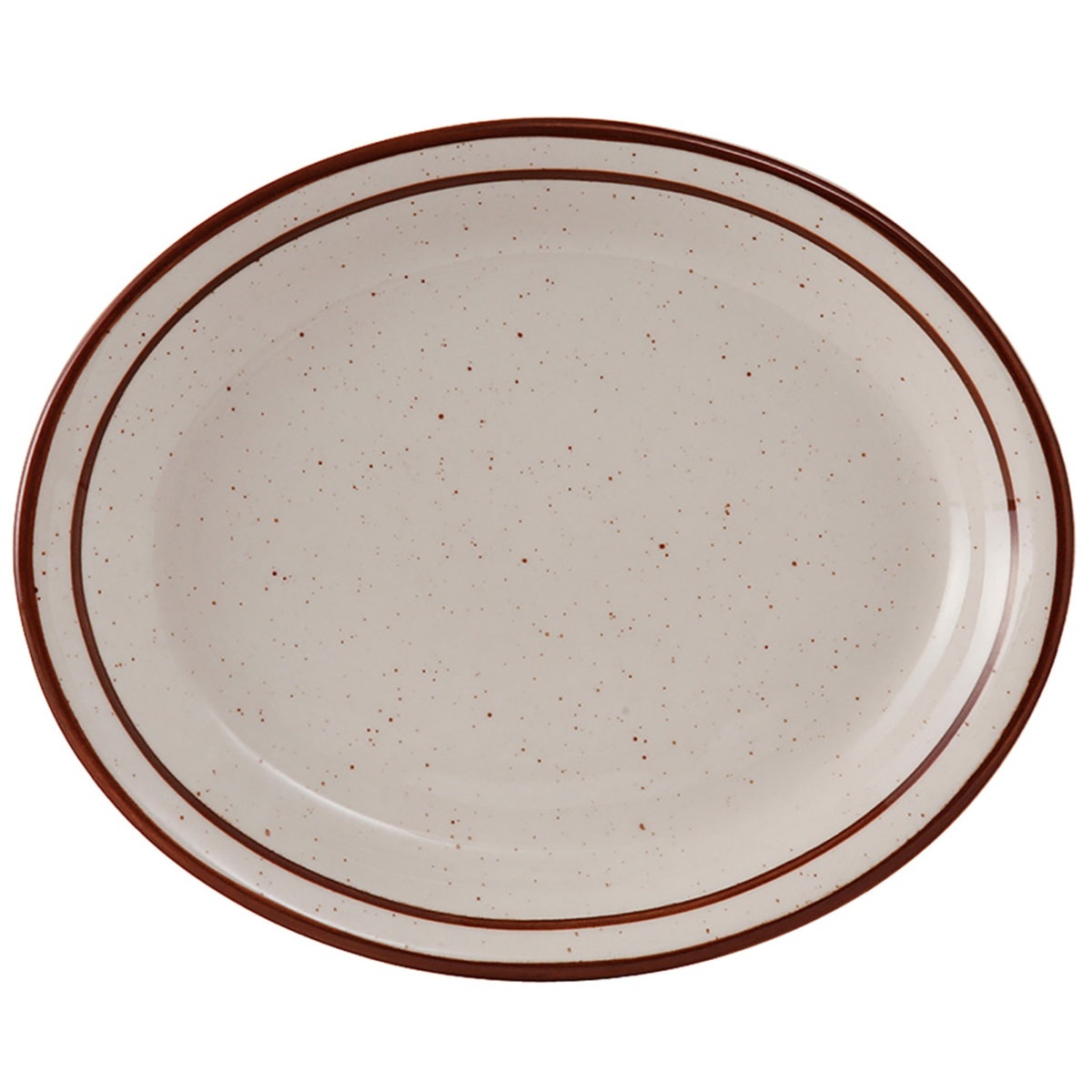 Tuxton TBS-013 oval ceramic platter in American white/eggshell with brown speckle finish and dual brown bands on the rim