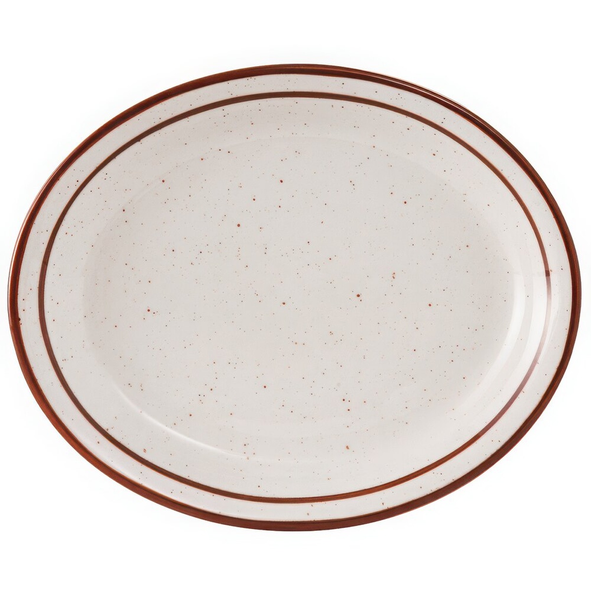 Tuxton TBS-014 Bahamas 13-1/4 x 10-1/2 inch oval china platter in American white with brown speckle and narrow brown rim