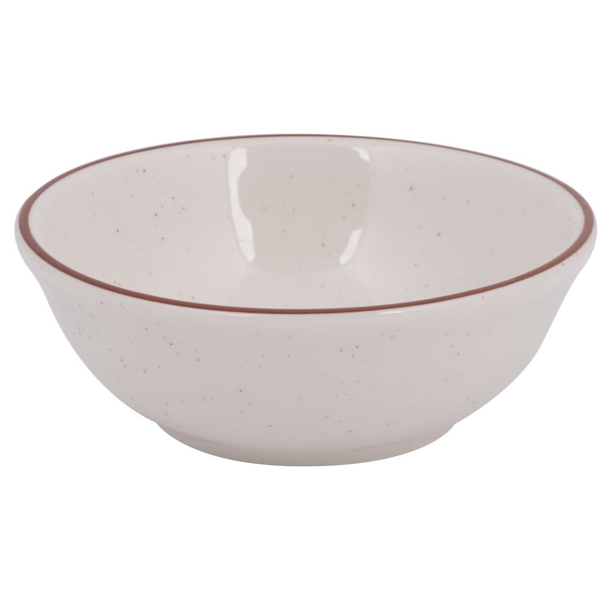 Tuxton TBS-015 Bahamas 13 oz. round nappie bowl in American white/eggshell with brown speckle and brown rim