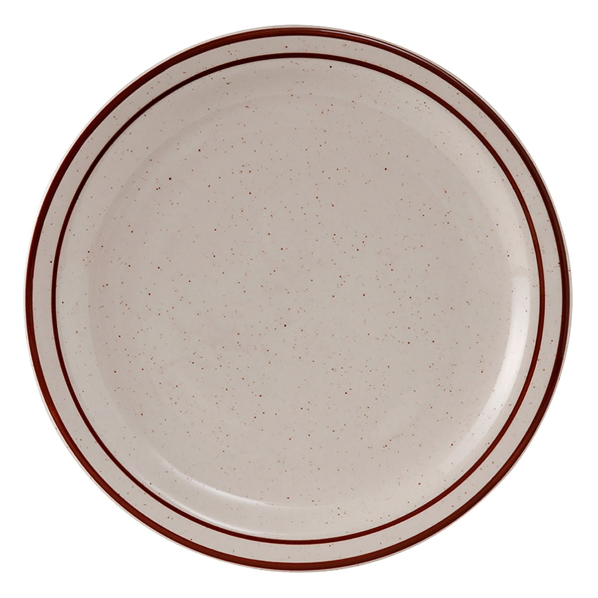 Tuxton Bahamas TBS-016 10.5-inch round ceramic dinner plate in American white/eggshell with brown speckle and brown rim bands, top-down view