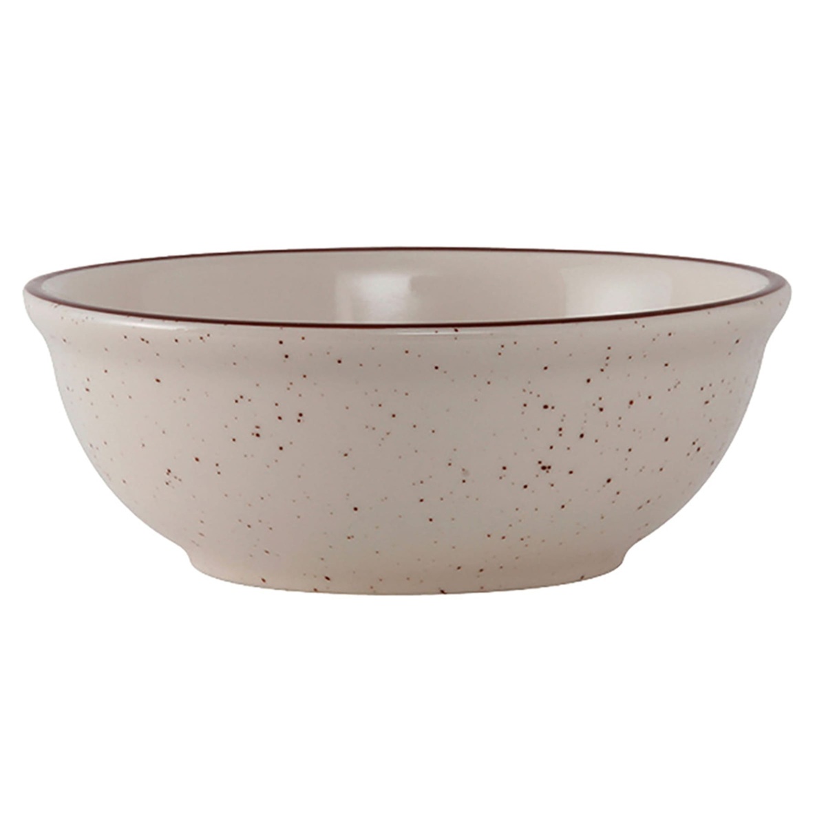 Tuxton TBS-018 Bahamas 15 oz round nappie bowl in American White/Eggshell with brown speckle and brown colored rim