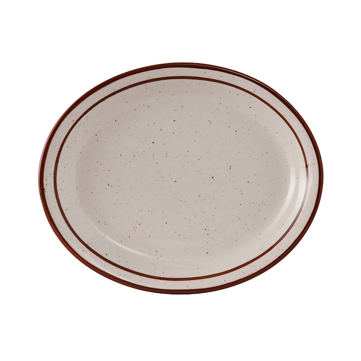 Tuxton Bahamas 8-1/2 x 6-7/8 inch oval china platter in American white/eggshell with brown speckle and narrow brown rim bands