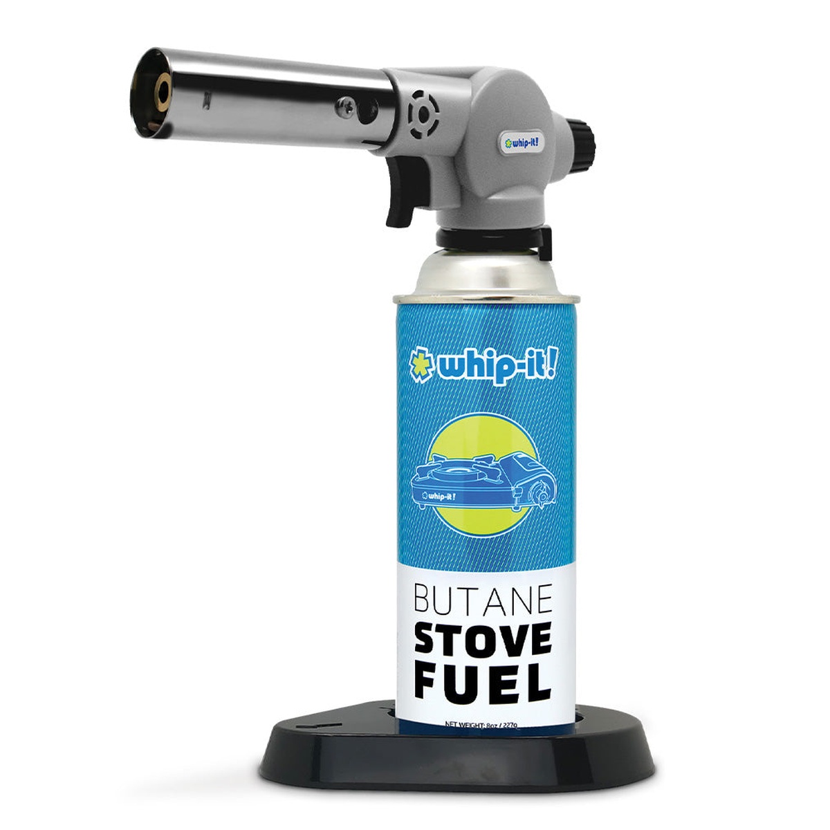 Whip-It! Blow Torch bundle in gray with butane stove fuel can on base stand