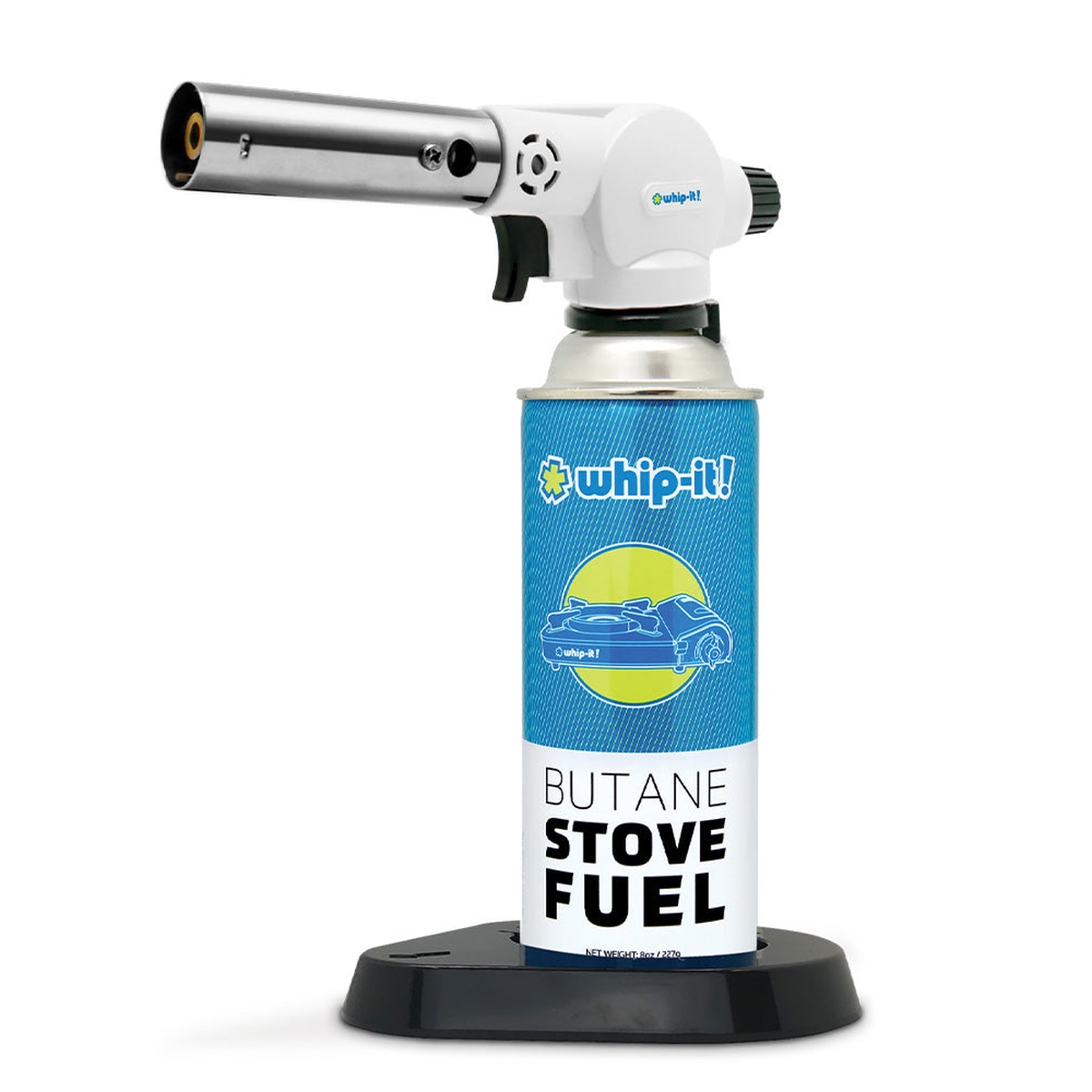 Whip-It! Blow Torch bundle in white with butane stove fuel can on base stand