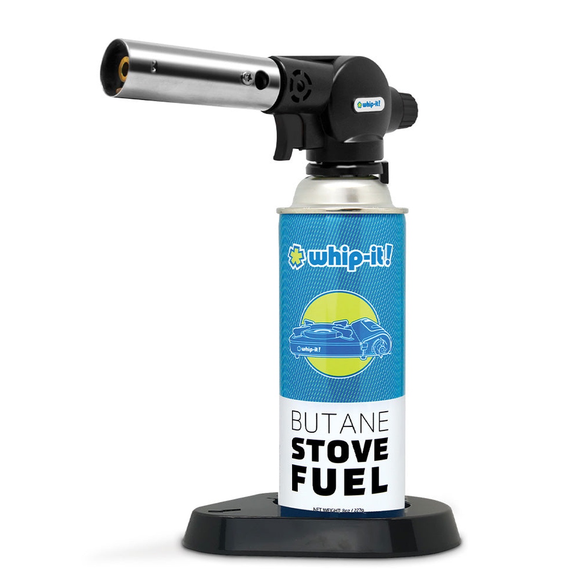 Whip-It! Blow Torch bundle in black with butane stove fuel can on base stand
