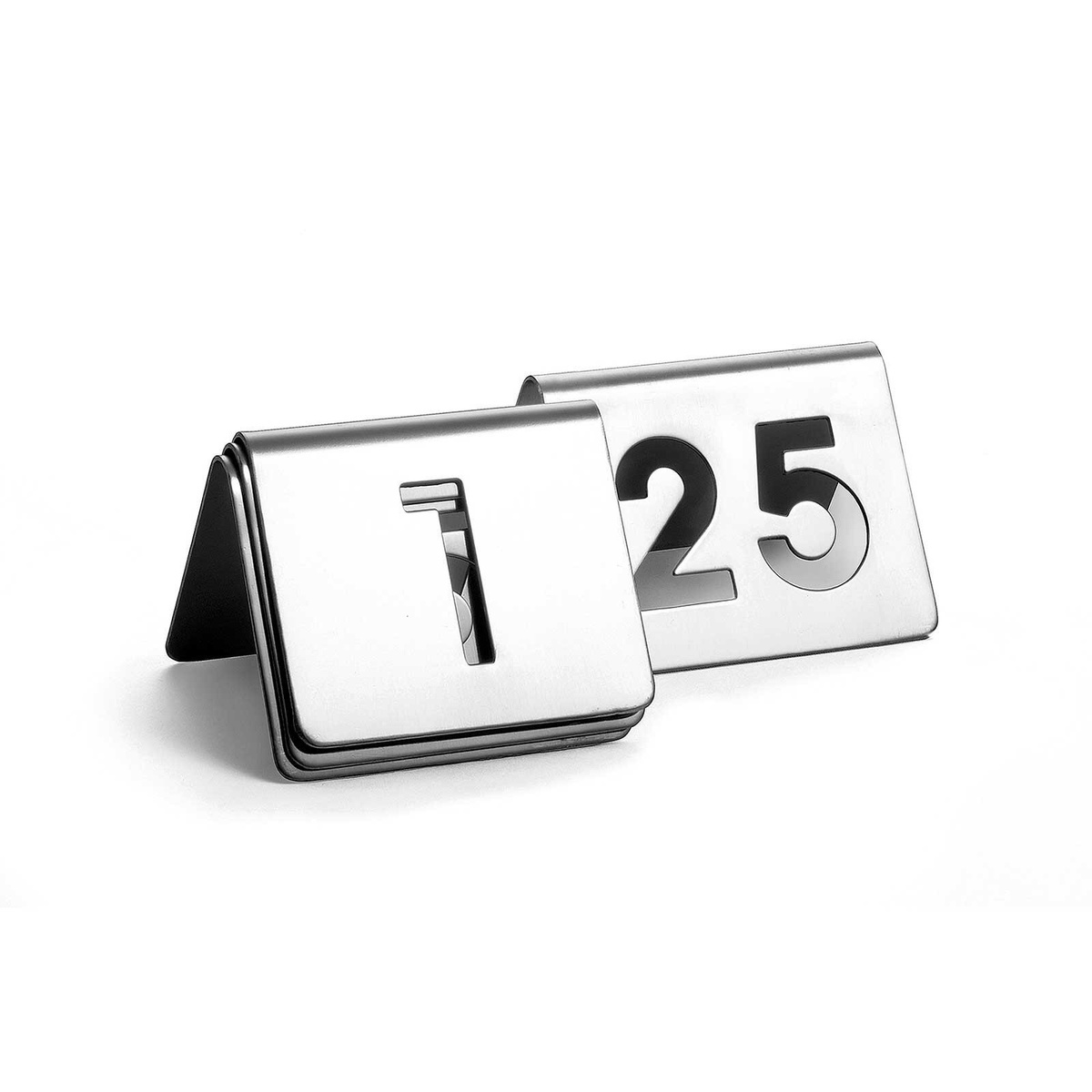 TableCraft TC125 stainless steel cut-out number tent cards showing numbers 1 and 25