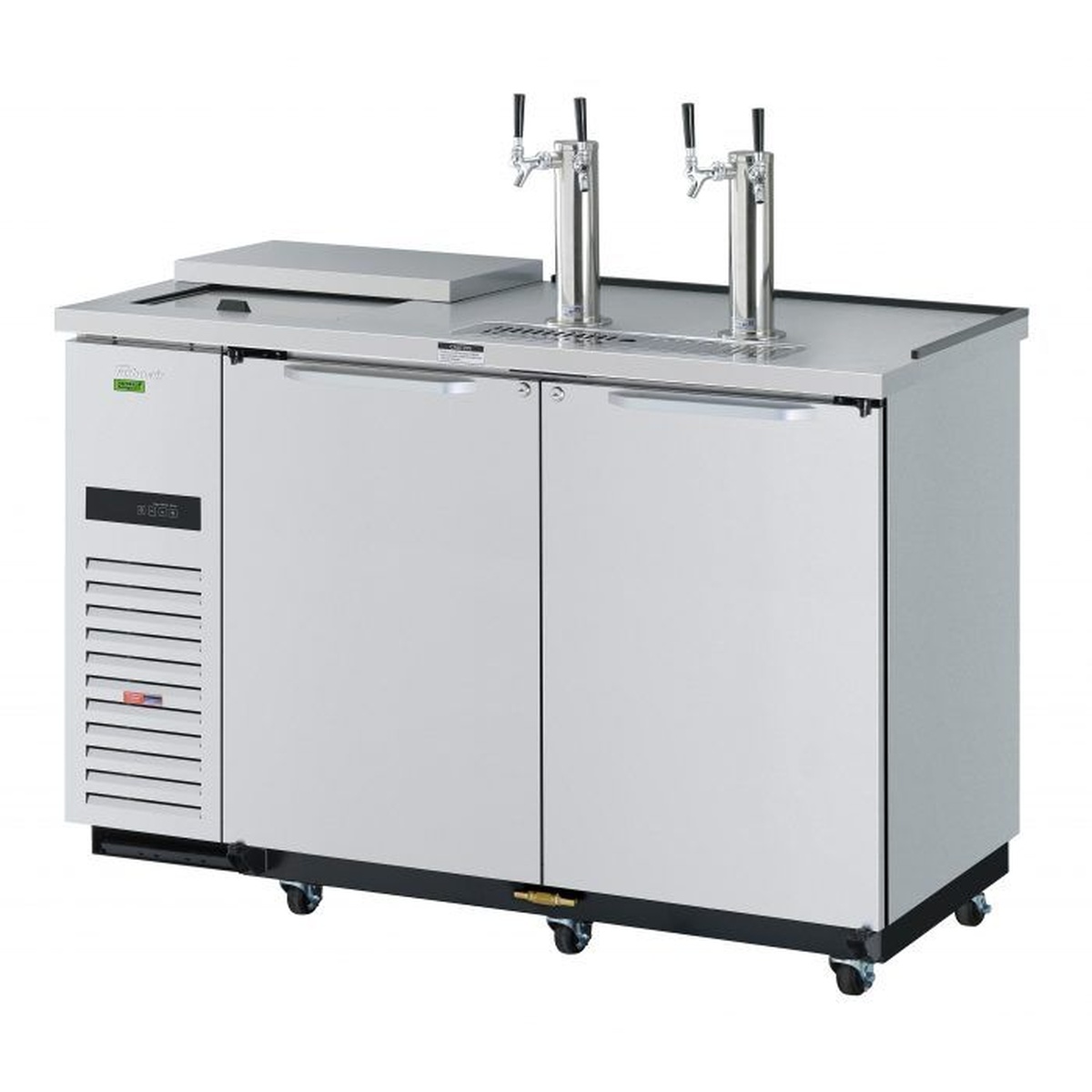 Turbo Air TCB-2SDD-N6 stainless steel club top beer dispenser with two double-faucet towers and two swing doors on casters