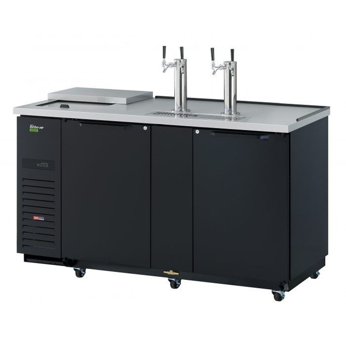 Turbo Air TCB-3SBD-N6 black beer dispenser with stainless steel countertop and dual double-faucet tap towers on casters