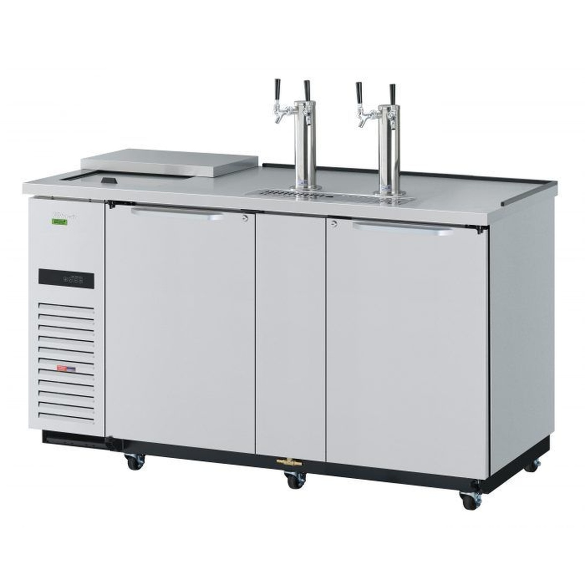 Turbo Air TCB-3SDD-N6 stainless steel club top beer dispenser with two double-faucet tap towers and three swing doors on casters
