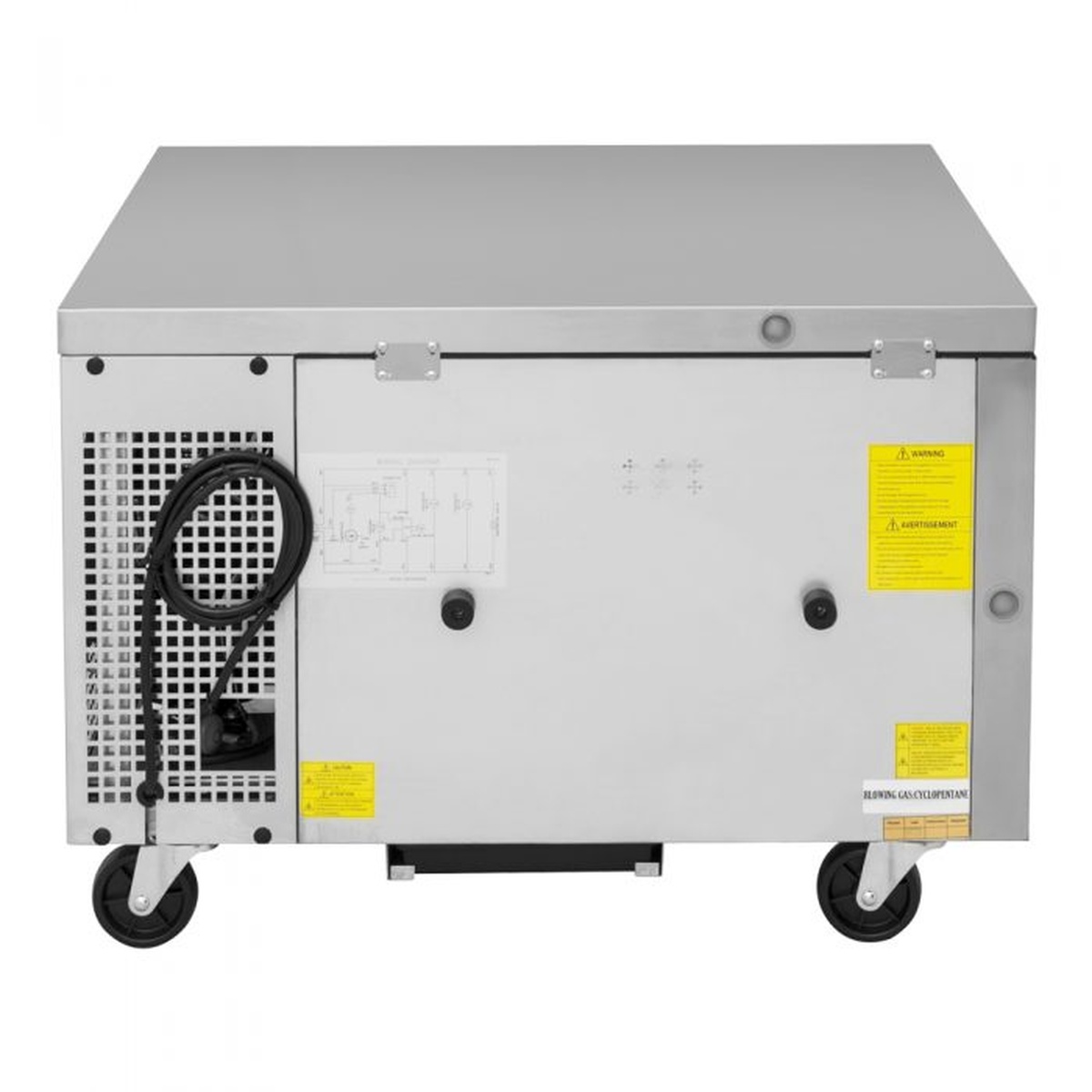 Rear view of Turbo Air TCBE-36SDR-N6 chef base on casters