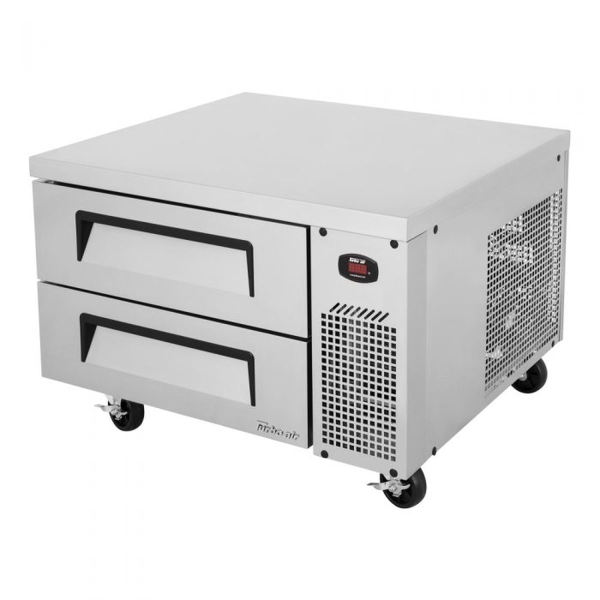 Angled view of Turbo Air TCBE-36SDR-N6 chef base showing side-mounted refrigeration