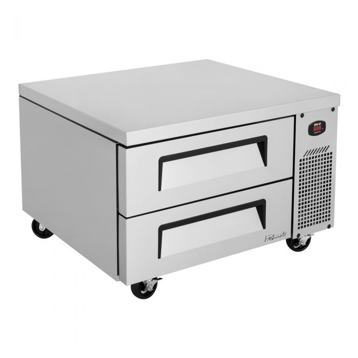 Angled front view of Turbo Air TCBE-36SDR-N6 chef base with two stainless drawers