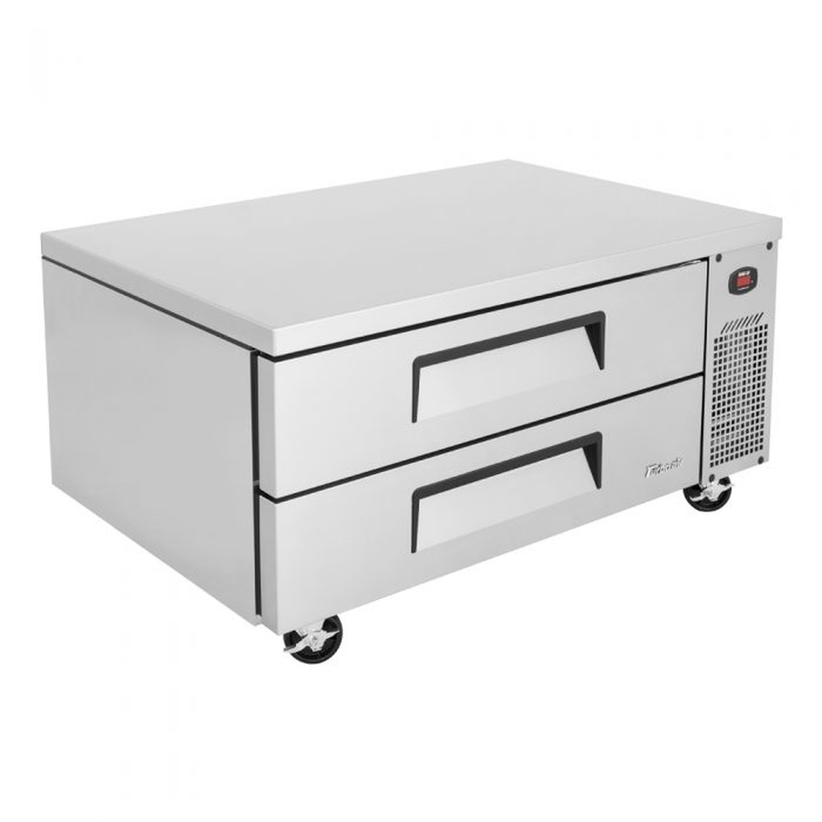 Angled front view of Turbo Air chef base highlighting drawer design and stainless steel construction