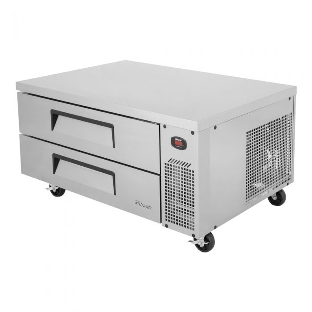 Angled view of Turbo Air chef base showing stainless steel top and side-mounted refrigeration