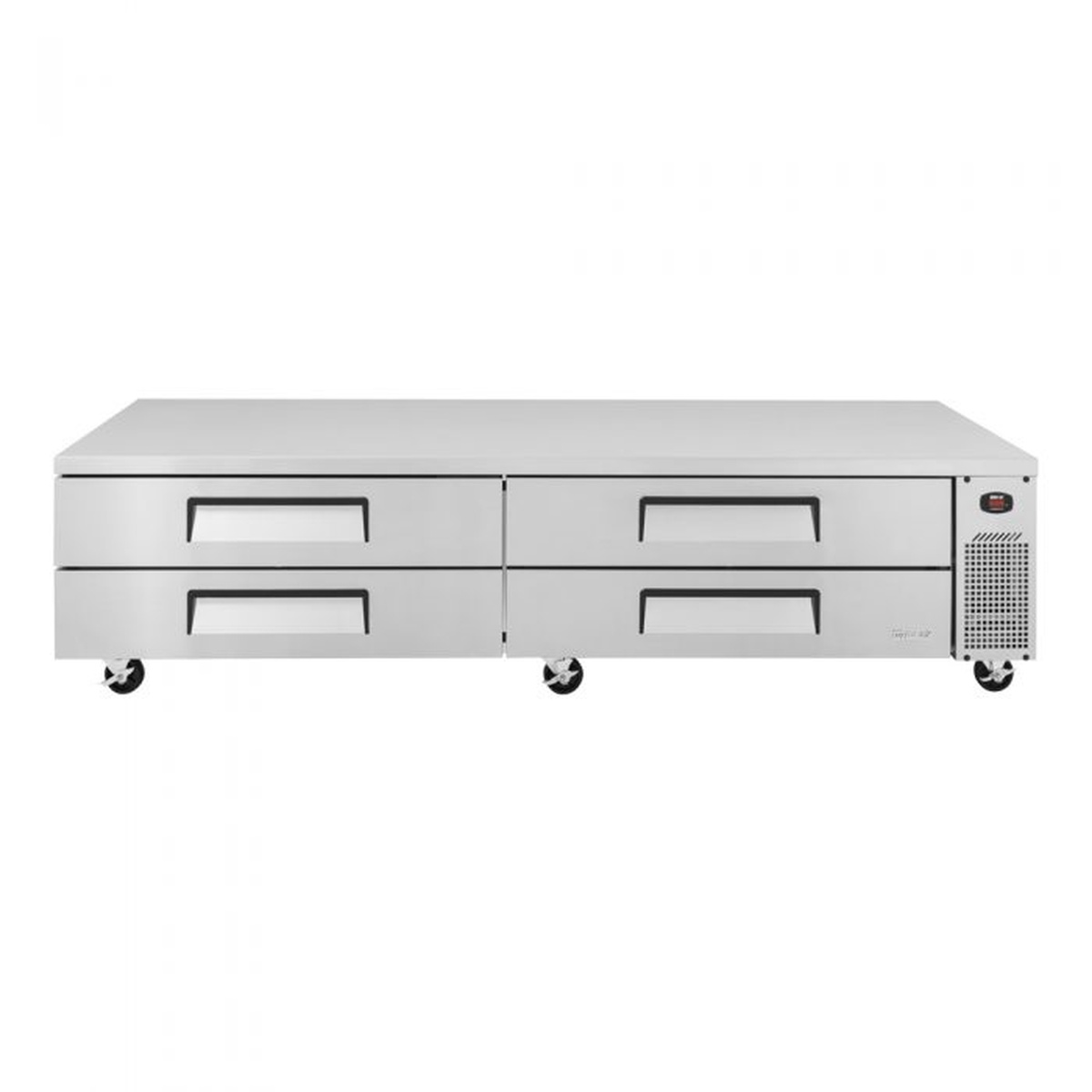 Turbo Air TCBE-96SDR-N chef base refrigerator straight-on front view showing four drawers and side-mounted compressor