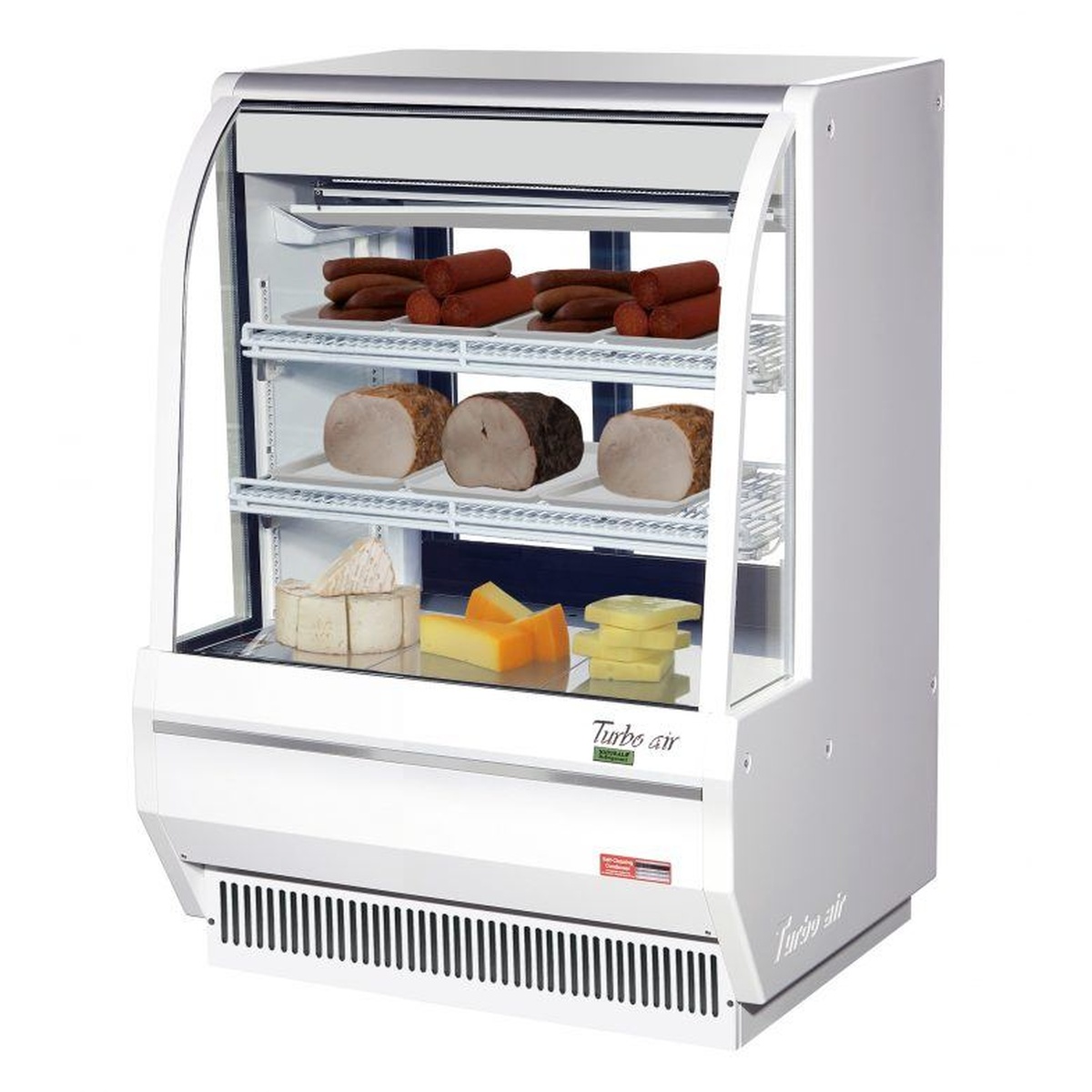 Turbo Air TCDD-36H-W(B)-N white refrigerated deli case stocked with sausages, deli meats, and cheeses on adjustable wire shelves