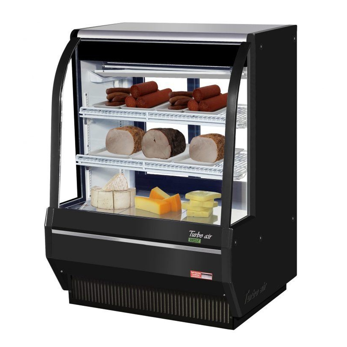 Turbo Air TCDD-36H-W(B)-N black refrigerated deli case displaying sausages, sliced deli meats, and assorted cheeses