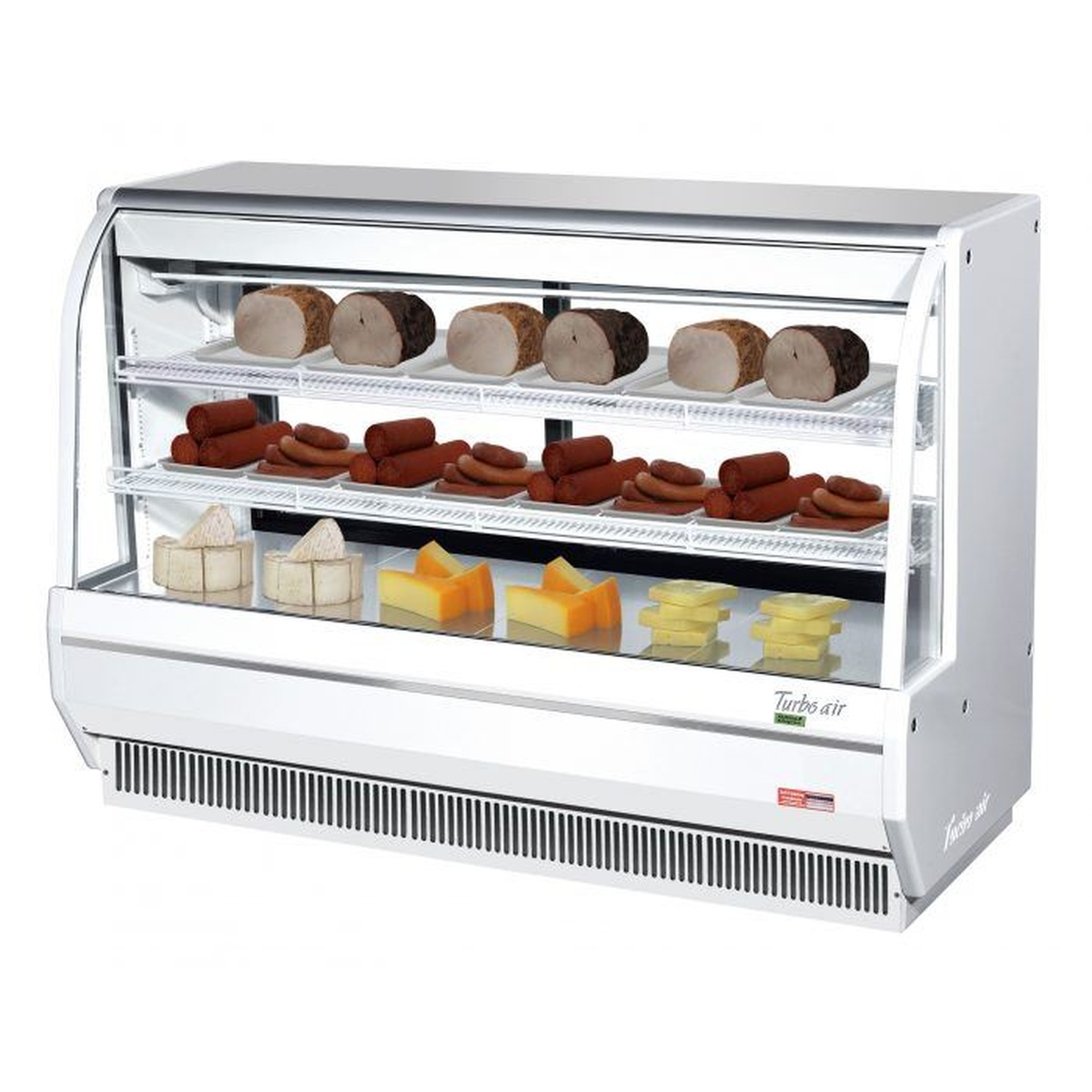 Turbo Air TCDD-72H-W(B)-N 72-inch white curved glass refrigerated deli display case stocked with deli meats and cheeses