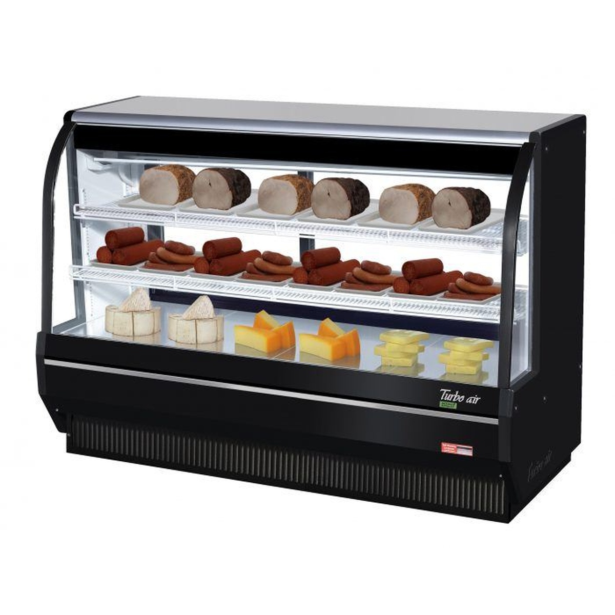 Turbo Air TCDD-72H-W(B)-N 72-inch black curved glass refrigerated deli display case stocked with deli meats and cheeses